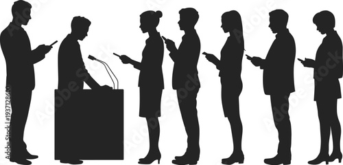 Black Silhouettes of Business People Standing in Line Using Smartphones While One Person Speaks at a Podium on Isolated White Background for Digital Communication