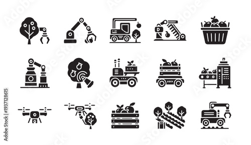 Automated farming and harvesting icons with robotics and drones