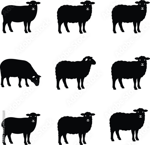 Minimalist black sheep silhouettes in 3x3 grid pattern, unique variations in posture, wool texture, and body shape, perfect for design, education, and pattern recognition projects.