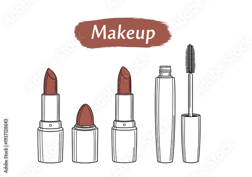 Collection of lipsticks and mascara with brush in outline style white background