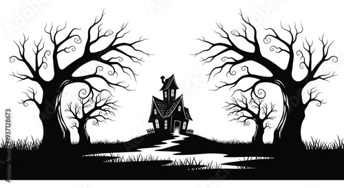 A spooky silhouetted illustration of a haunted house nestled between bare twisting trees high quality professional