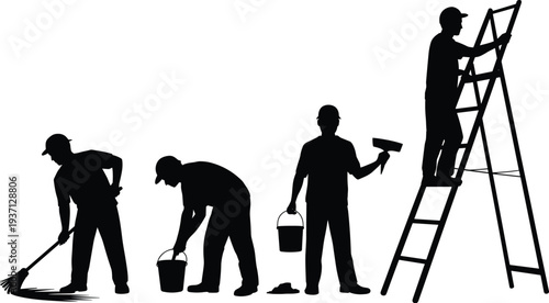 Collection of Black Silhouettes Representing Manual Labor Workers Like Janitors Cleaners and Construction Staff Working with Tools on Isolated White Background for Industrial Design