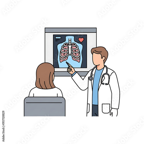 Doctor explaining a chest X ray image to a patient during a medical consultation.
