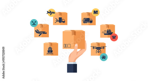 E-commerce Logistics, Global Shipping & Delivery Network with Hand Holding Package and Various Transport Options