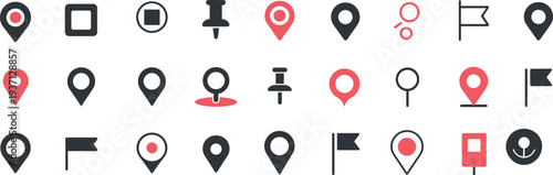 Assortment of black and red location pins flags and pushpins on white Keywords: location pin, map marker, navigation icon, GPS