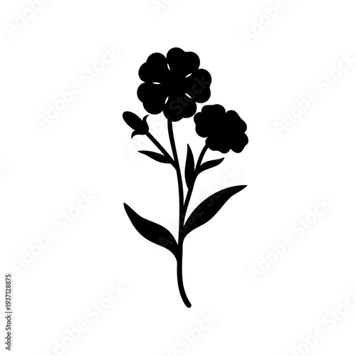 Elegant black silhouette of a flowering plant with leaves and buds art
