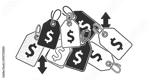 Dollar Sign Price Tags with Arrows Showing Price Fluctuation and Economic Change