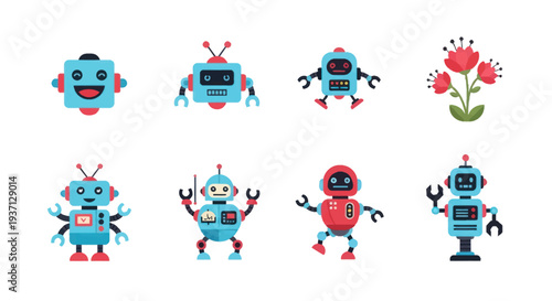 Cartoon robots collection isolated on white