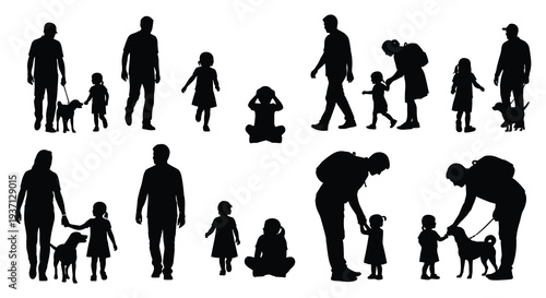A collection of black silhouettes depicting diverse family and pet interactions in public spaces high quality