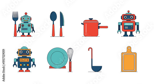 Cartoon robots and kitchen utensils