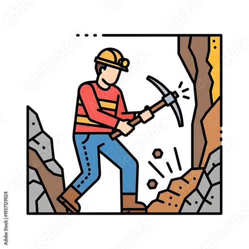 Miner using a pickaxe while working inside a rocky mine environment.