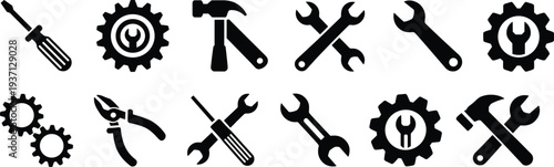 Assortment of black tool icons including wrenches, screwdrivers, gears, and pliers tools spanner