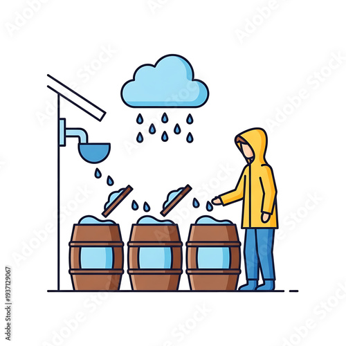 Person collecting rainwater in barrels during a rainy day outdoors.
