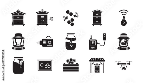 Beekeeping icons set with modern beehives and honey production tools