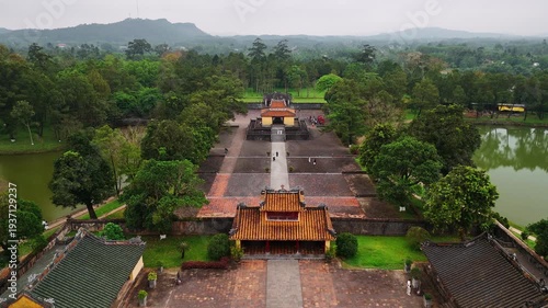 Imperial tomb of minh mang aerial view with tourists visiting the historic landmark in hue, vietnam