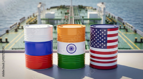 Shipping containers on a cargo ship with flags of different countries in the background
