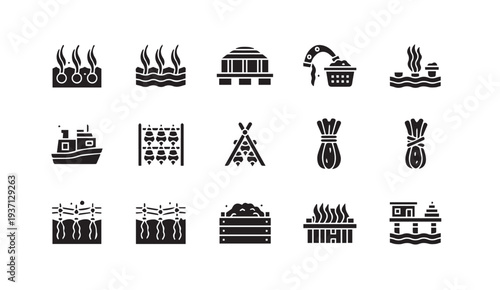 Black icons of industrial and natural elements on white background
