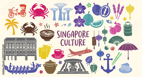 Singapore culture doodle set. Merlion, supertrees, chili crab and dragon boat. Colorful hand drawn sketch icons. Vector isolated illustration collection.