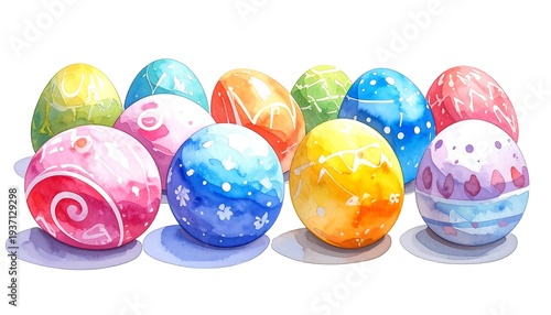 A watercolor painting of decorated Easter eggs with various colorful patterns and soft hues arranged in a group