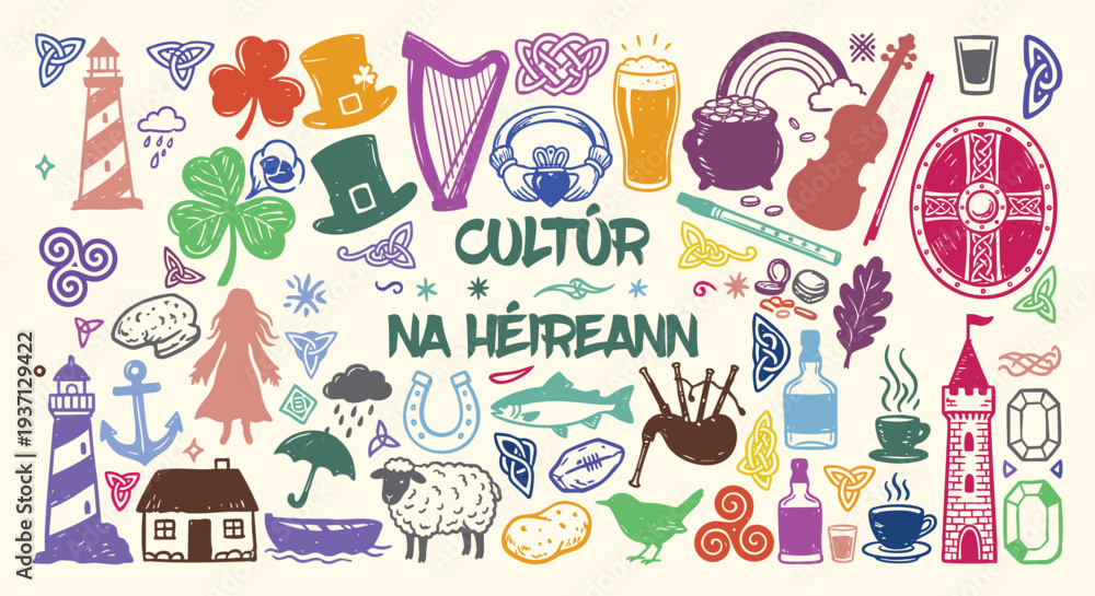 Naklejka premium Ireland culture doodle set. Shamrock, harp, lighthouse and celtic knot icons. Colorful hand drawn sketch style. Vector isolated illustration collection.
