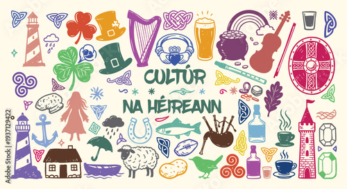 Ireland culture doodle set. Shamrock, harp, lighthouse and celtic knot icons. Colorful hand drawn sketch style. Vector isolated illustration collection.