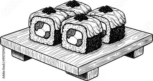 Hand Drawn Sushi Rolls with Salmon and Caviar Wooden Tray Isolated food