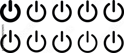 Power button icon set, on and off switch symbols collection, electronic device startup and shutdown control signs minimal vector illustration