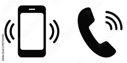 Black icons of a ringing smartphone and a telephone receiver with sound waves mobile cell phone
