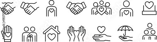 Black Line Icons Illustrating Love Care And Community On White Background vector illustration