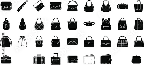 Handbag and purse silhouettes collection, fashion bags icons set, women accessories vector illustration, backpacks wallets clutches tote bags black silhouettes