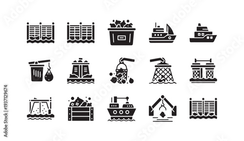 Fishing industry icons set with modern maritime symbols