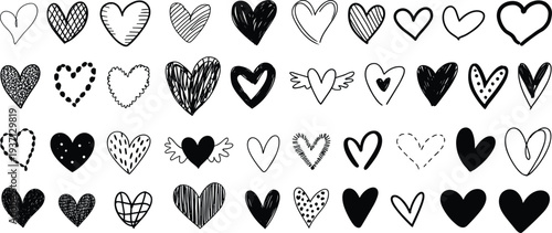 Collection of Black and White Hand Drawn Hearts and Scribbled Heart Shapes untitled