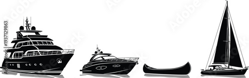 Collection of luxury yacht motorboat canoe and sailboat silhouettes isolated on white background nautical transport vector illustration set marine vessels