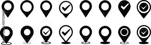 Collection of black location pin icons with checkmarks and outlines Keywords: location pin, map marker, navigation icon, GPS