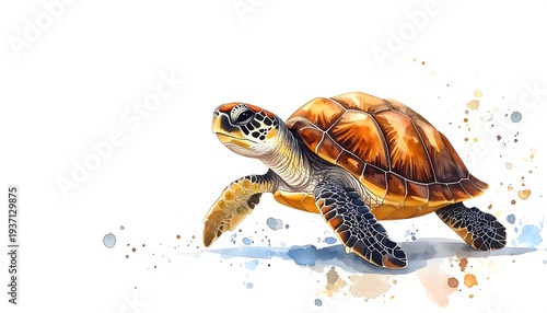 A watercolor-style painting of a sea turtle, facing left, on a white background with paint splatters