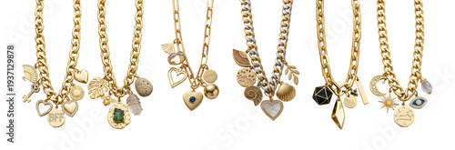 Modern alchemist chunky gold-link necklaces with curated mix of celestial symbols, raw emeralds and geometric charms, bold styling