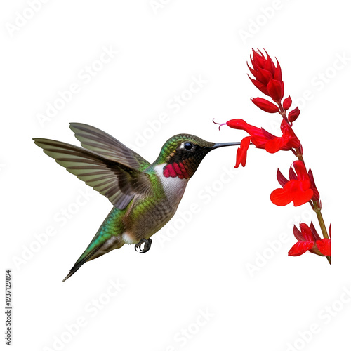 Hummingbird feeding from red flowers in mid flight