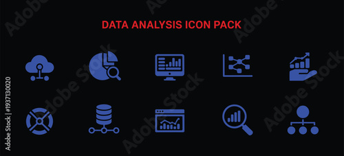 minimal analytics icon collection, data analysis vectors, analyst diagram, analyze statistic charts, cloud computing and network nodes, AI algorithm workflow.