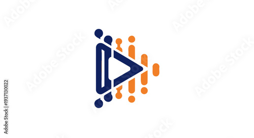 Blue play button with orange accents.