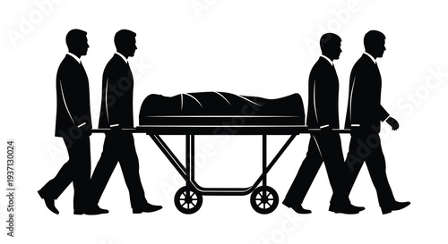 A group of pallbearers solemnly carry a coffin on a wheeled stretcher depicted in silhouette