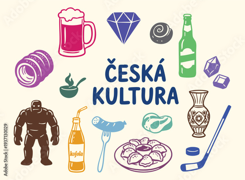 Czech Republic culture doodle set. Beer mug, golem, crystal vase and ice hockey gear. Colorful hand drawn sketch icons. Vector isolated illustration collection.