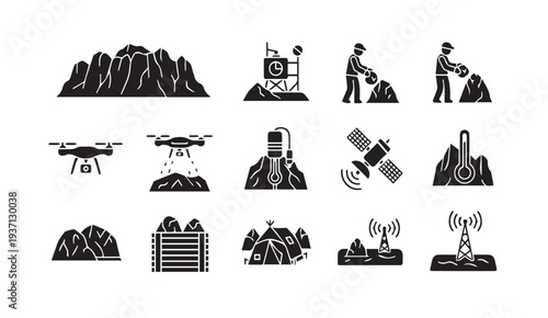 Mining exploration and geology icons with modern technology