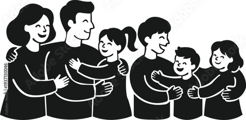 Clean black silhouette illustration of a happy family group with arms around each other