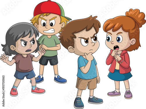 Cartoon children arguing and showing anger emotions, expressive kids characters with shouting gestures, crossed arms and surprised reaction, school conflict vector set
