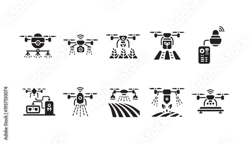 Collection of modern drone icons for agriculture and technology