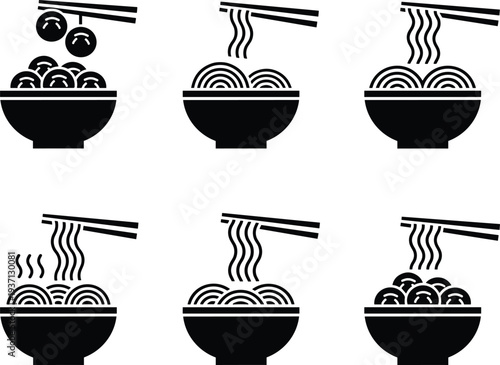 Set of six black-and-white noodle bowl icons with chopsticks lifting noodles and ingredients, featuring expressive faces, steam, and playful minimalist food illustration design.
