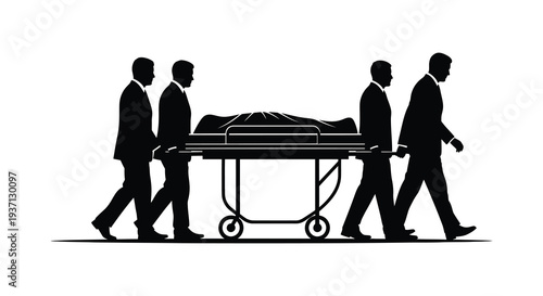 Four men in suits carry a closed casket on a stretcher a somber funeral procession
