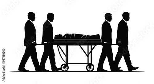 A somber procession of pallbearers carrying a casket depicted in a stark black silhouette high quality