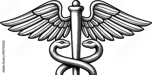 Vintage woodcut style caduceus symbol with winged staff and two snakes for medical healthcare pharmacy pharmaceutical medicine logo and Greek mythology heraldry design elements
