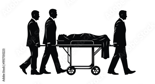 Three figures in suits carry a stretcher with a body depicted in a stark silhouette